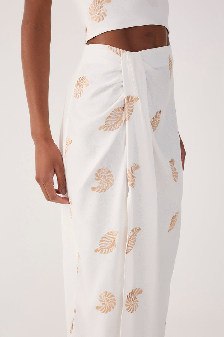 Off-white Shell Embroidered Draped Linen Maxi Skirt