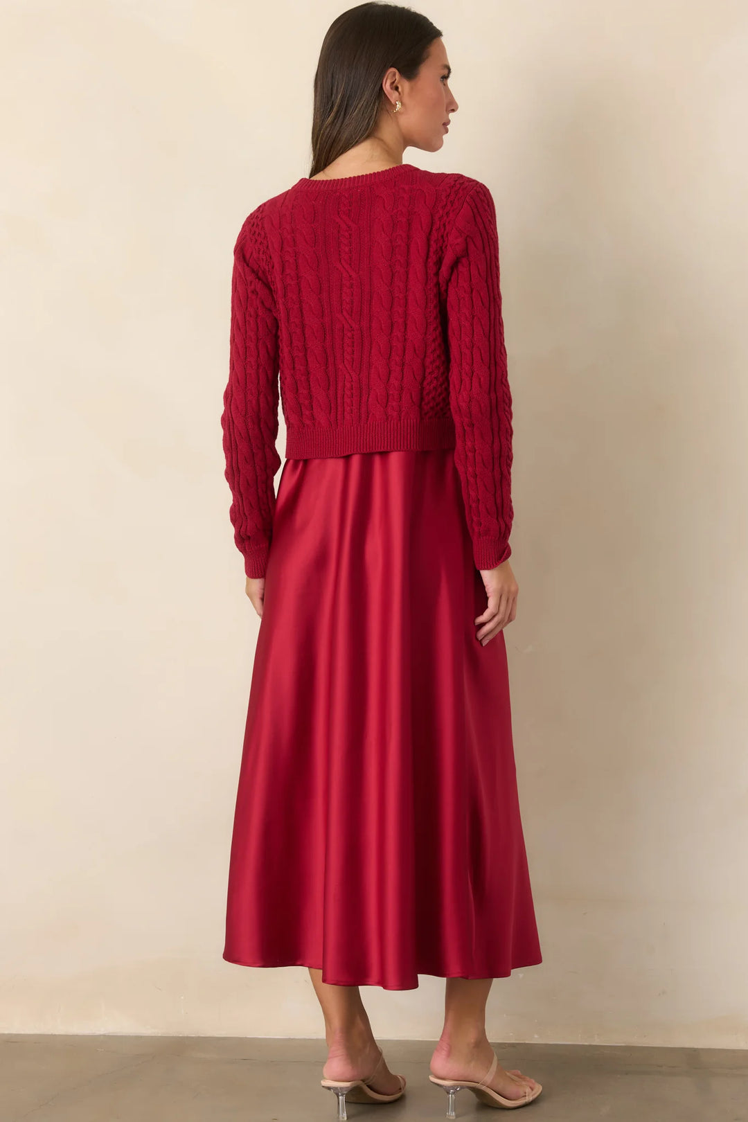 SATIN MIDI DRESS &amp; CABLE KNIT SWEATER SET