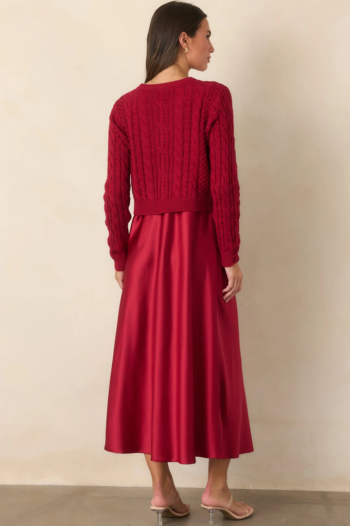 SATIN MIDI DRESS &amp; CABLE KNIT SWEATER SET