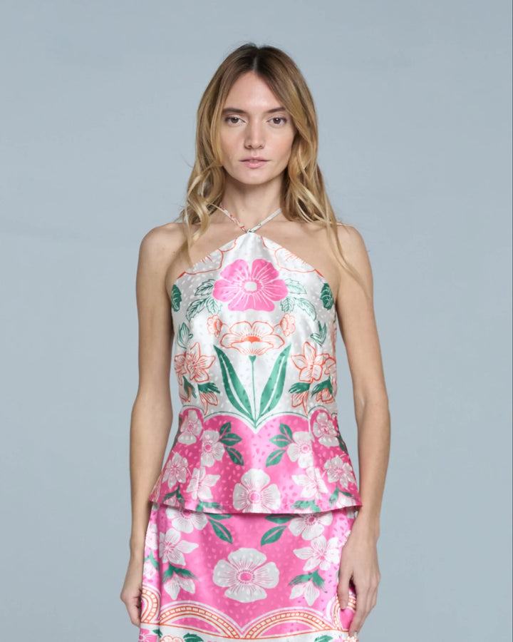 MAIKA FLORAL ENGINEER PRINT HALTER TOP