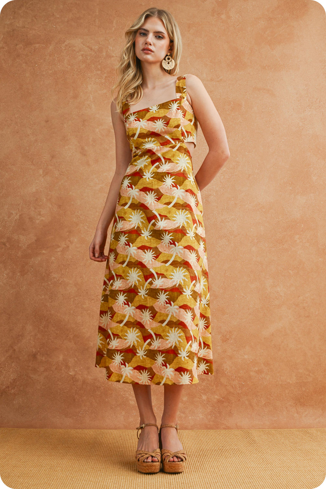 SUNBURST GEO PALM PRINT CUTOUT MIDI DRESS