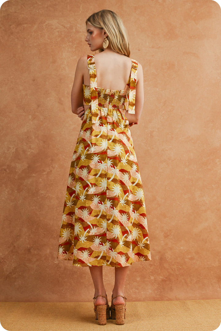 SUNBURST GEO PALM PRINT CUTOUT MIDI DRESS