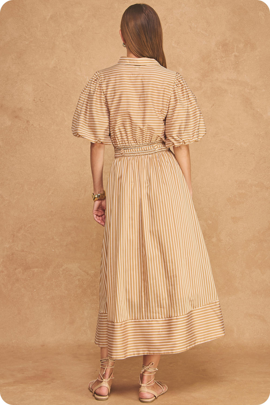 STRIPED TENCEL PUFF SLEEVE SHIRT MIDI DRESS