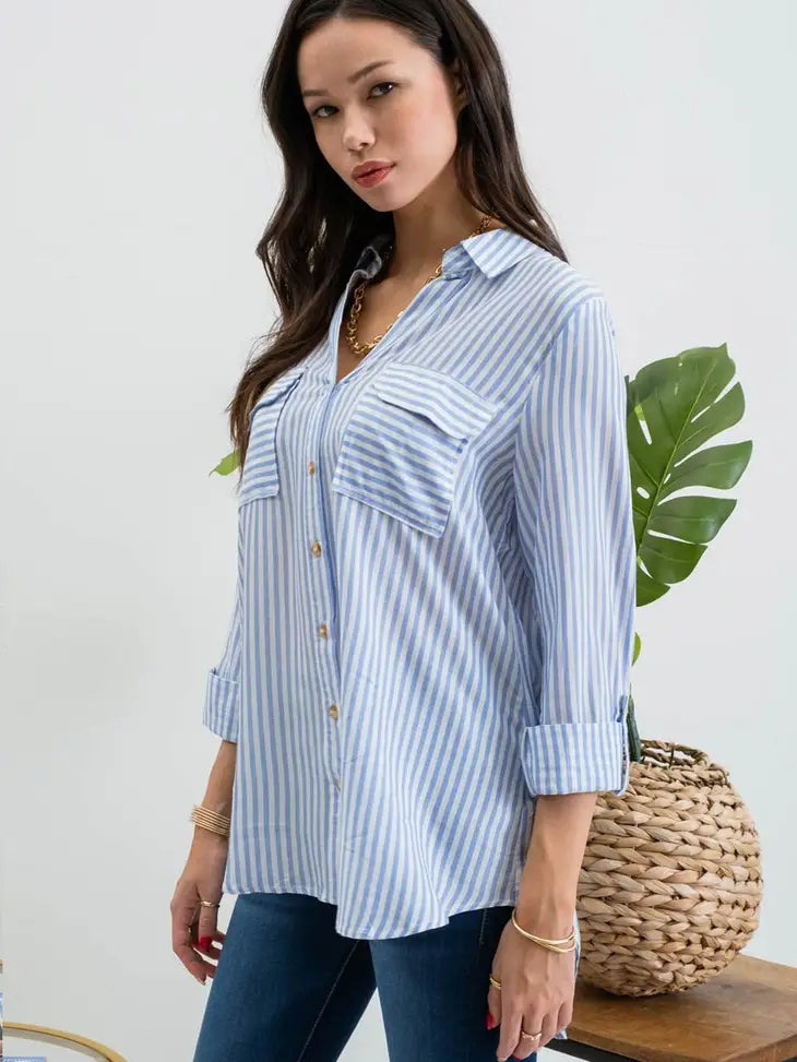 STRIPED WOVEN BUTTON UP