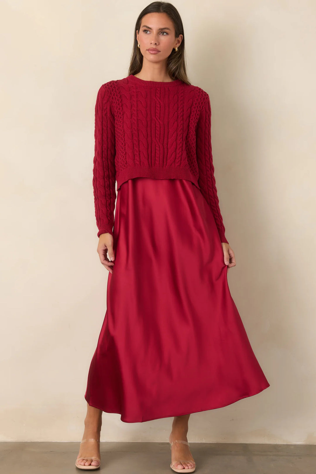 SATIN MIDI DRESS &amp; CABLE KNIT SWEATER SET