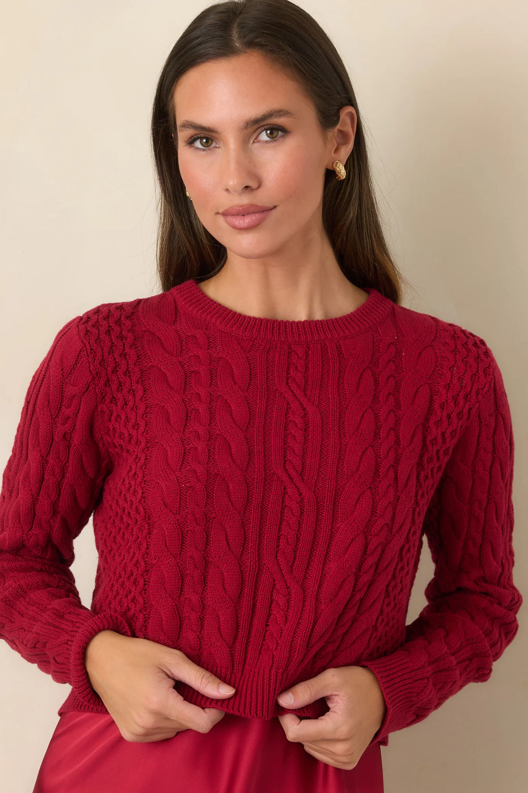 SATIN MIDI DRESS &amp; CABLE KNIT SWEATER SET