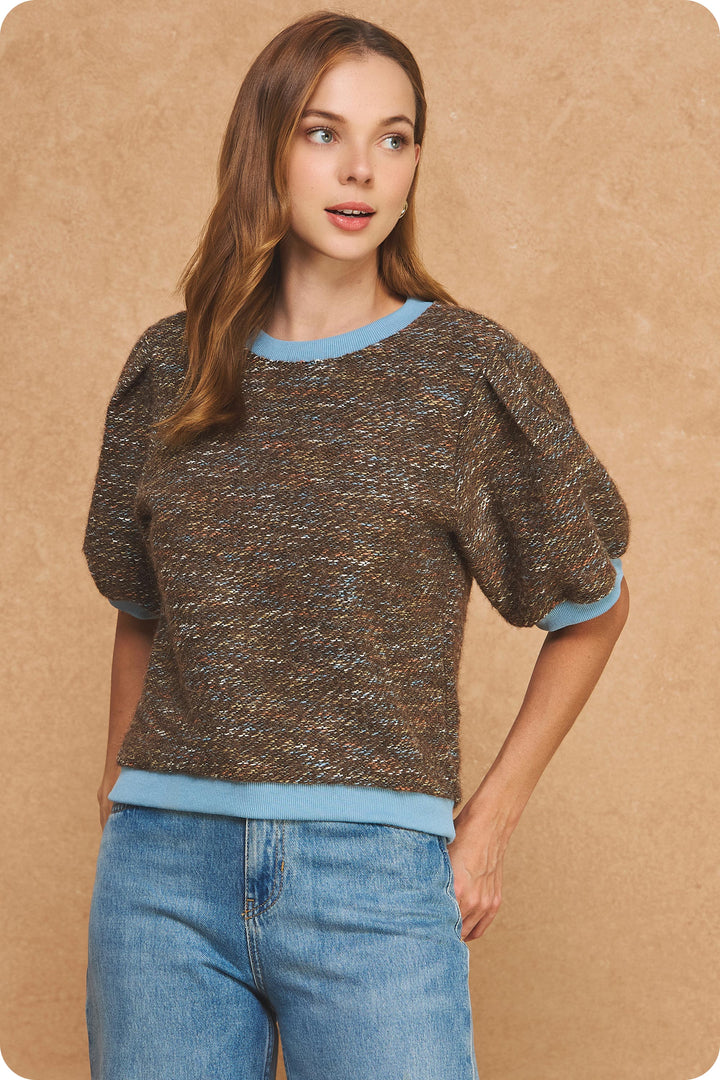 MARLED RIBBED CONTRAST SHORT PUFF SLEEVE SWEATER TOP