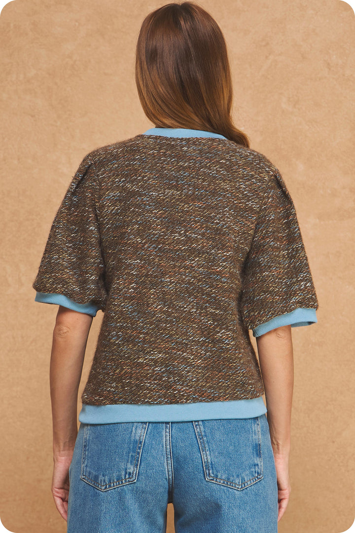 MARLED RIBBED CONTRAST SHORT PUFF SLEEVE SWEATER TOP