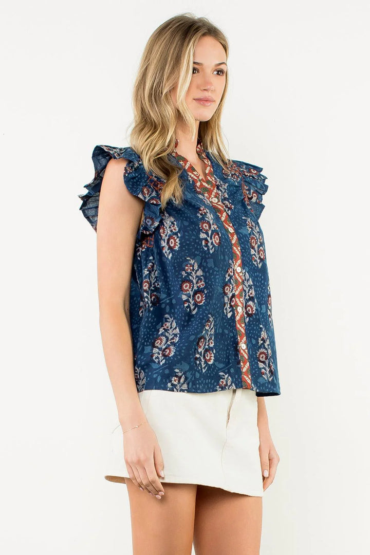 FLUTTER SLEEVE FLORAL PRINT V NECK TOP