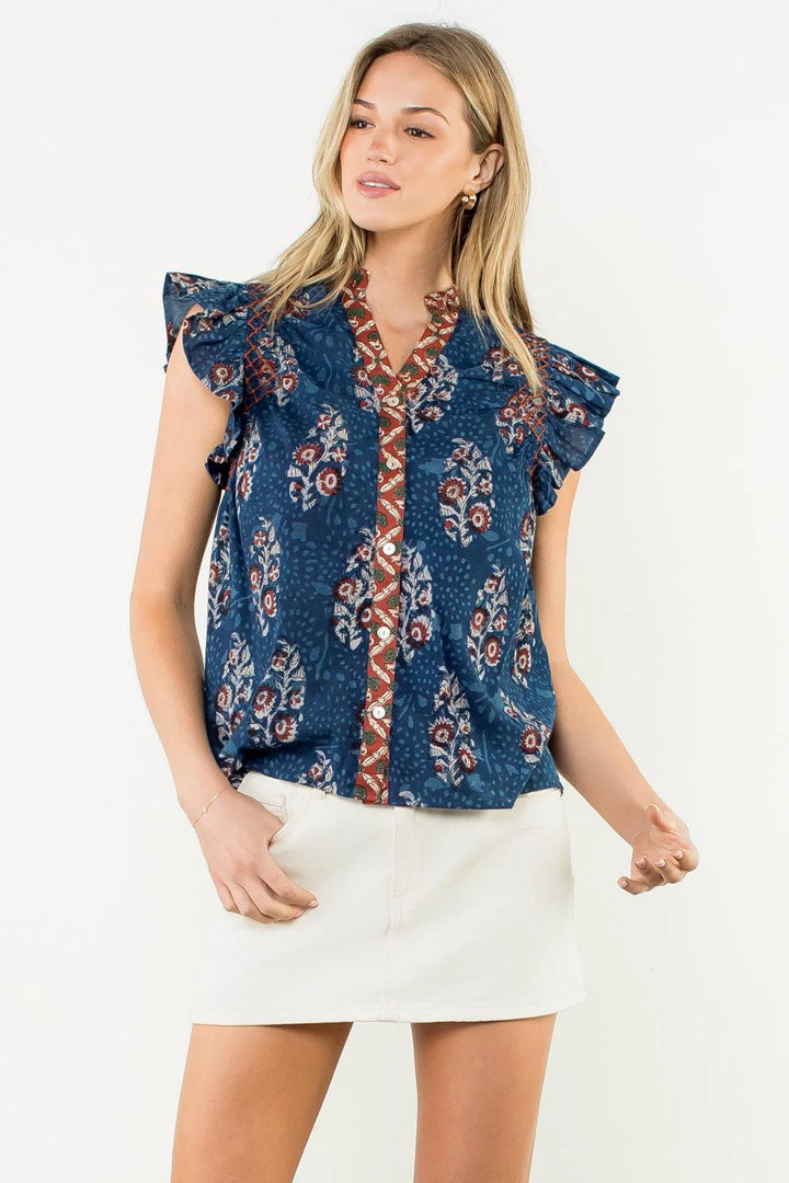FLUTTER SLEEVE FLORAL PRINT V NECK TOP