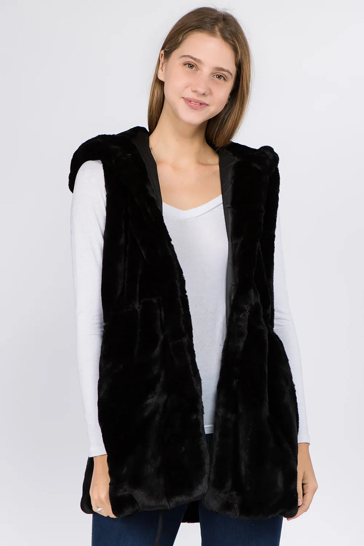FAUX FUR SOLID VEST WITH HOOD