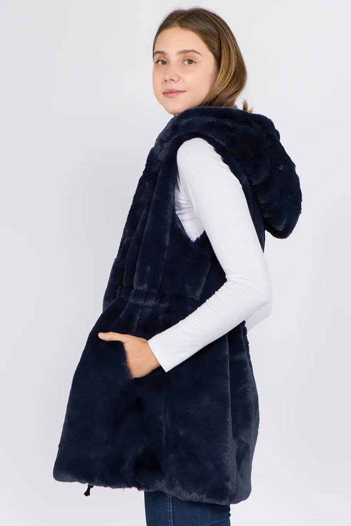 FAUX FUR SOLID VEST WITH HOOD