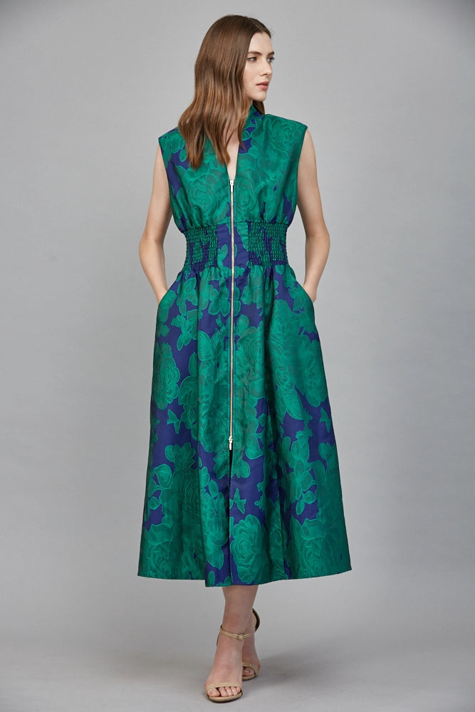 FLORAL JACQUARD FRONT ZIP CLOSURE V-NECK DRESS