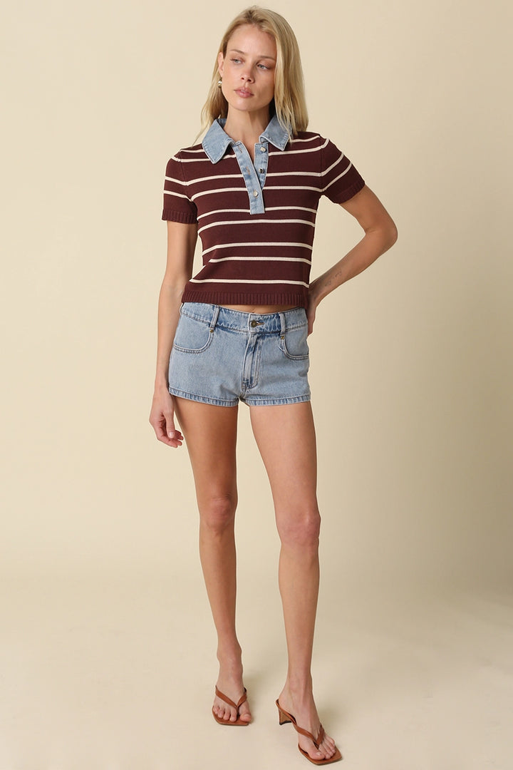 SHORT SLEEVE SWEATER WITH DENIM CONTRAST