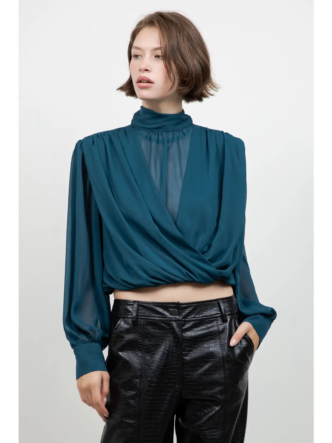 MOCK NECK DRAPE CHIFFON BLOUSE