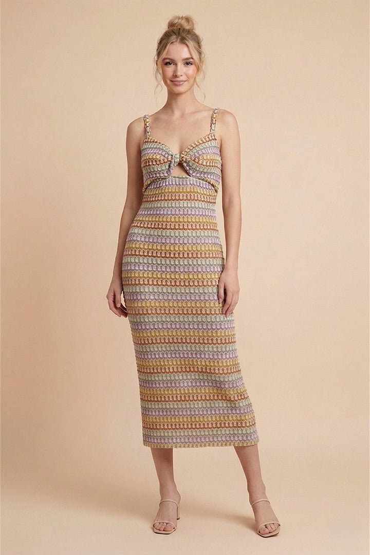 FRONT TWIST MULTI COLOR CROCHET MIDI DRESS