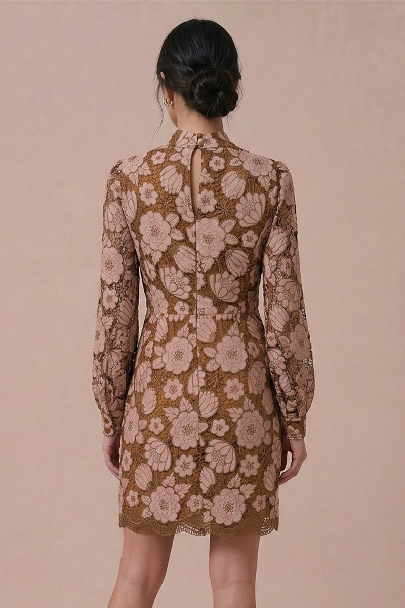 EMBROIDERED NECK BAND LONG SLEEVE MINI DRESS