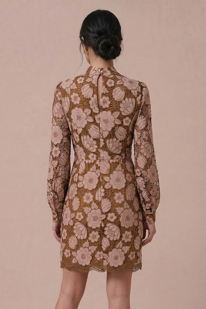 EMBROIDERED NECK BAND LONG SLEEVE MINI DRESS