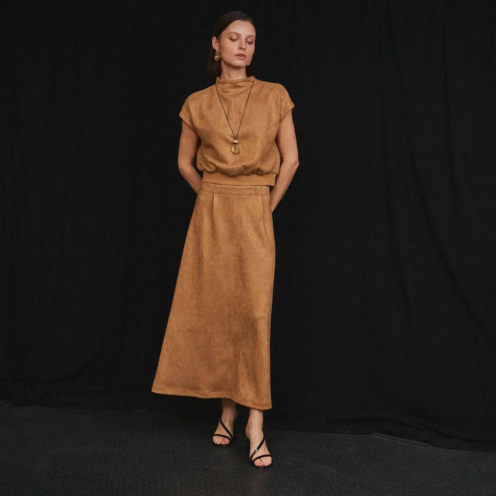 MOCK NECK STRETCH SUEDE TOP &amp; SKIRT SET