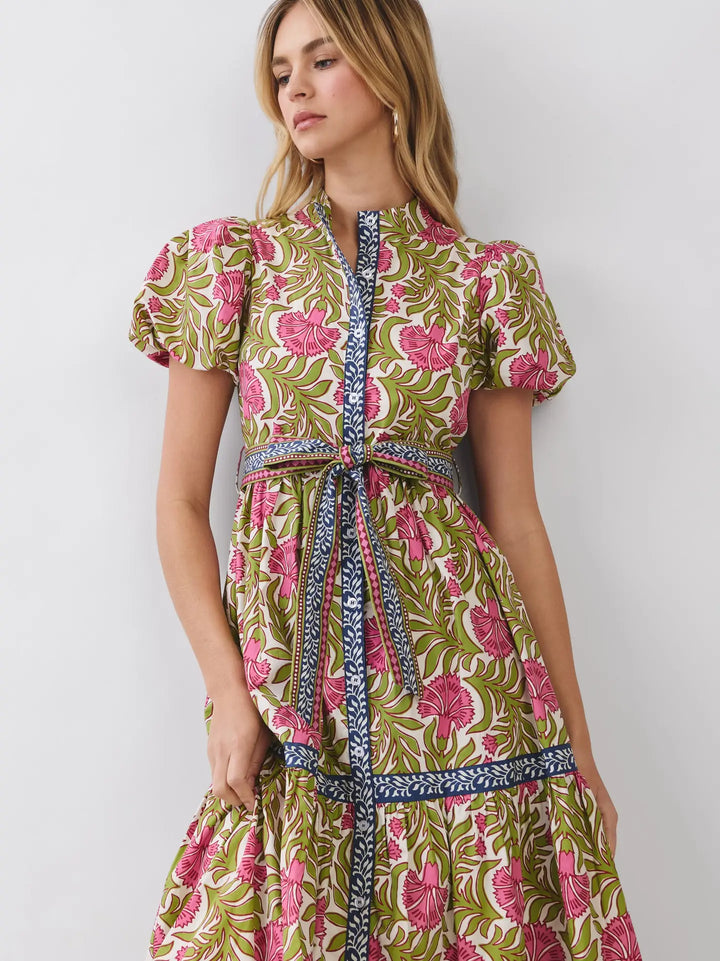 FLORAL BORDER PRINT TIE WAIST MAXI DRESS