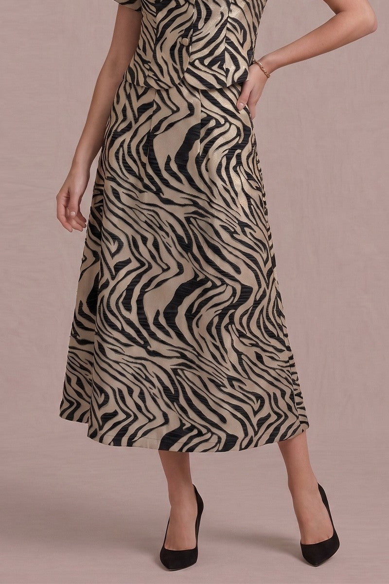 METALLIC TIGER JACQUARD PLEATED MIDI SKIRT