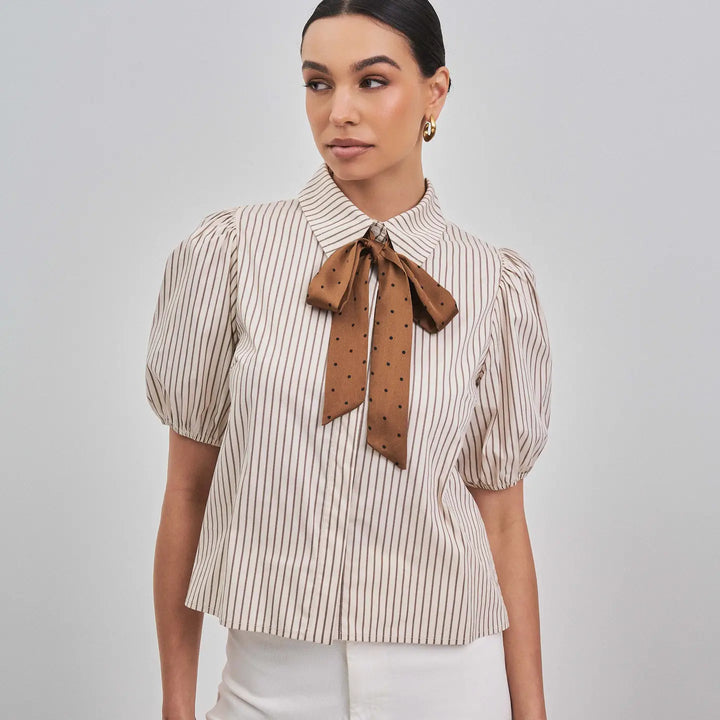 SATIN BOW DETAILED BUTTON DOWN SHIRT TOP
