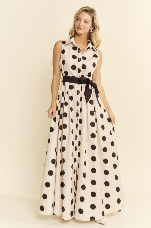 POLKA DOT BUTTON DOWN BELTED SLEEVELESS SHIRT DRESS