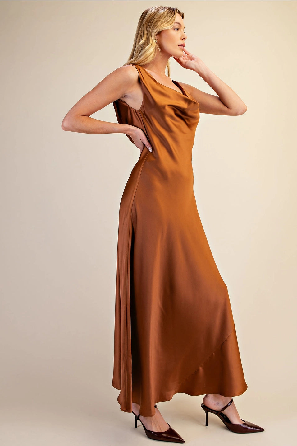COWL NECK SLEEVELESS SATIN MAXI DRESS