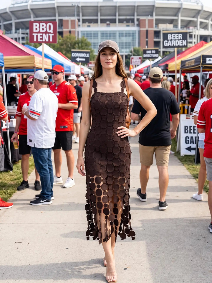 3D LACE FRINGE HEM BODYCON MIDI DRESS