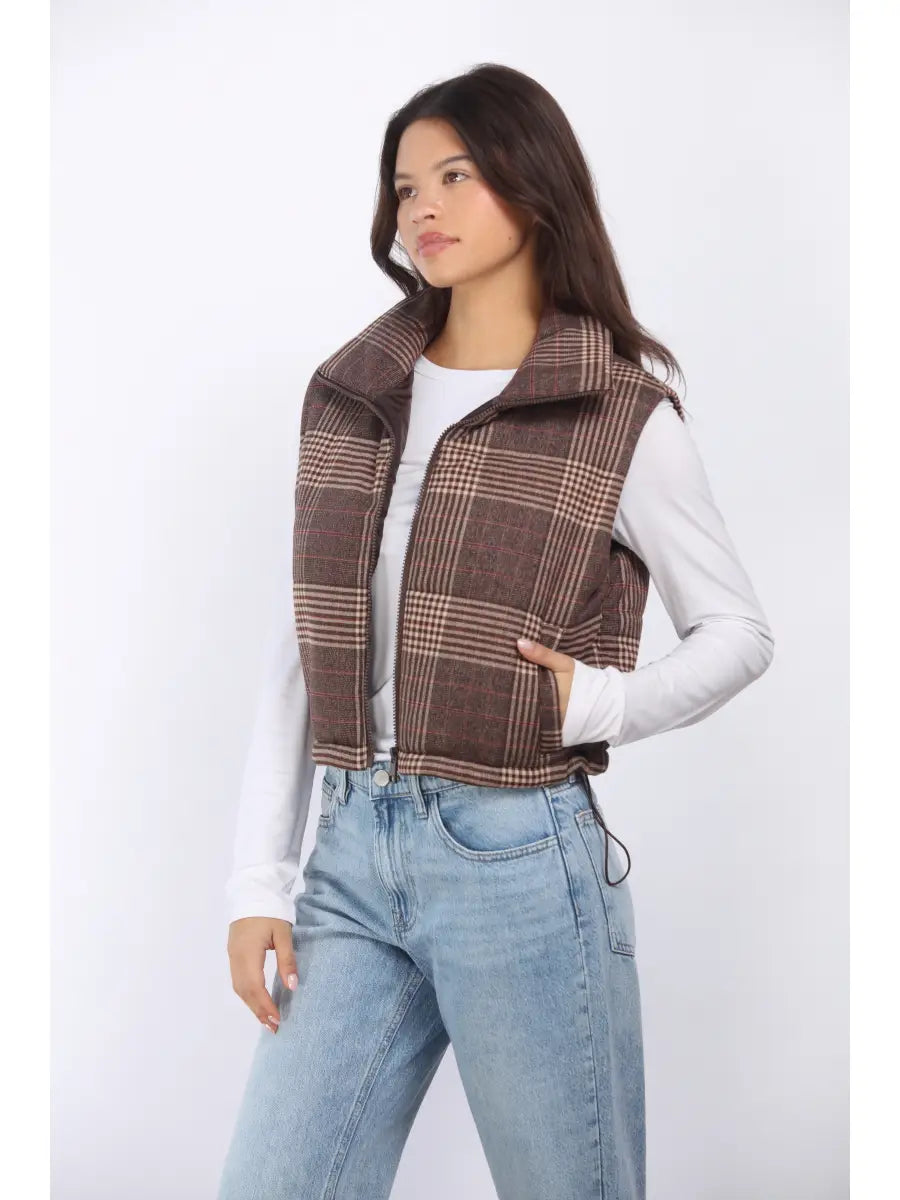 PLAID PUFFER VEST WITH WELT POCKETS