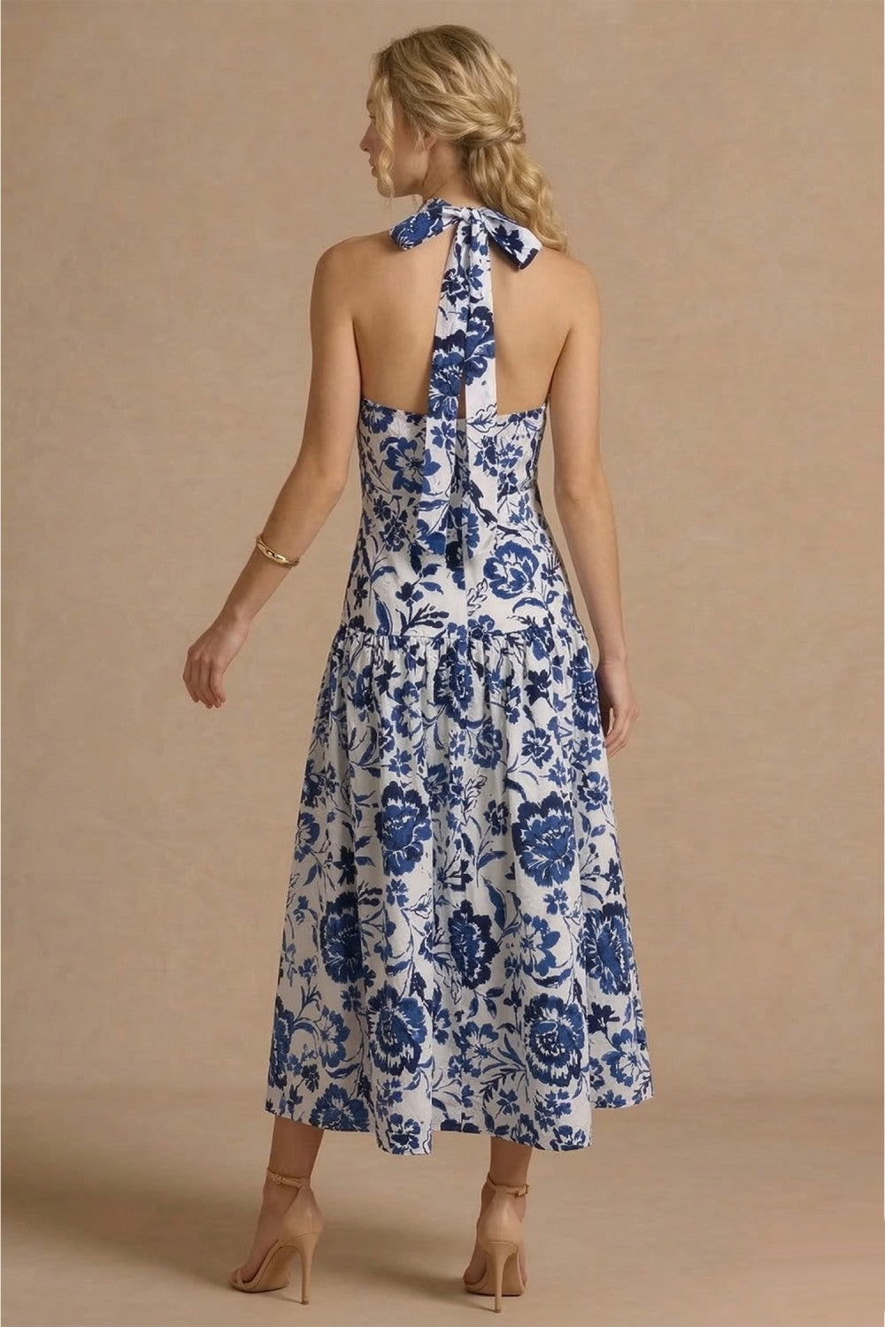 BLUE FLORAL HALTER MIDI DRESS