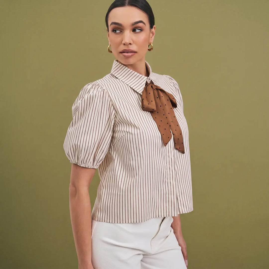 SATIN BOW DETAILED BUTTON DOWN SHIRT TOP