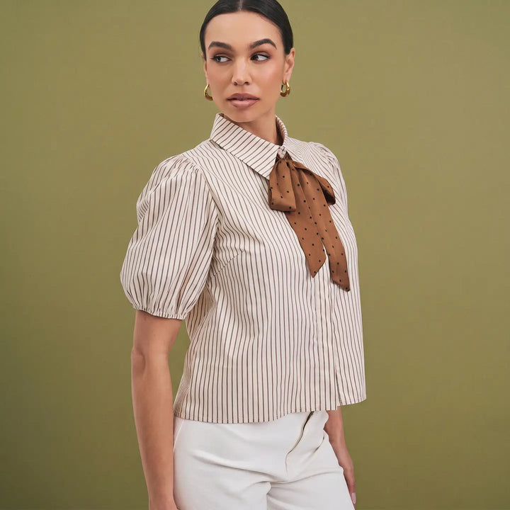 SATIN BOW DETAILED BUTTON DOWN SHIRT TOP