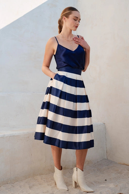COLOR BLOCK PUFF PLEATED SLEEK MIDI SKIRT