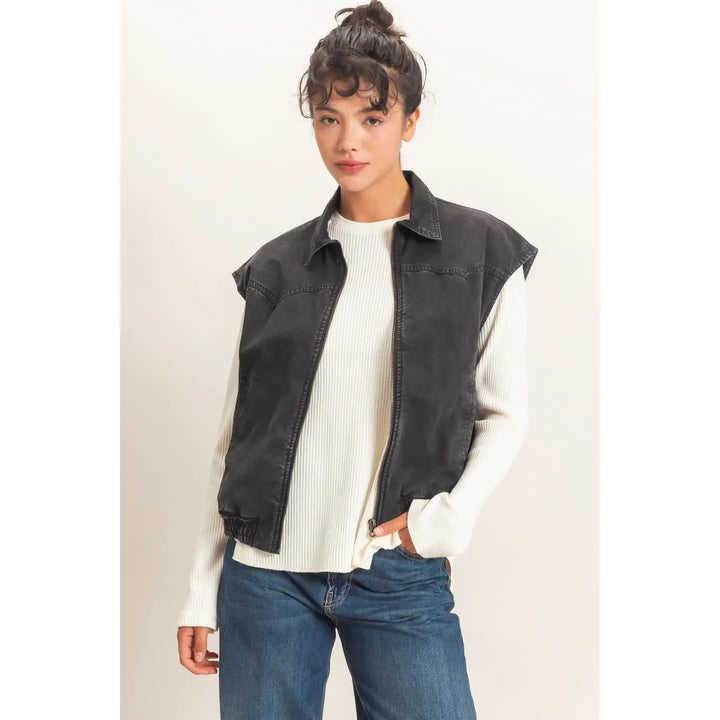 MINERAL WASH SLEEVELESS ZIP-UP COLLAR VEST