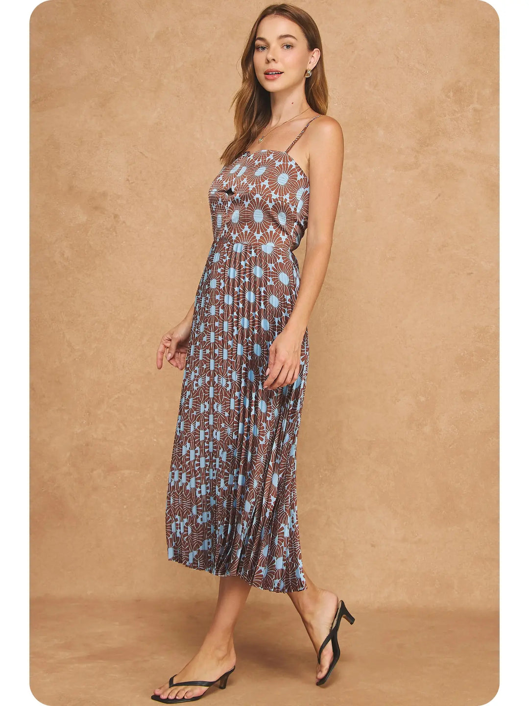 RETRO FLORAL PRINT TOP-STITCH MIDI DRESS