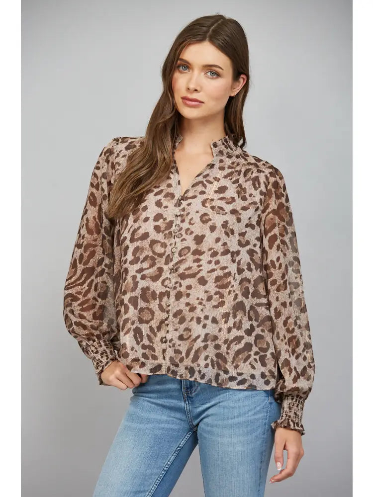 ANIMAL PRINT CHIFFON WITH LUREX SPLIT NECK BLOUSE