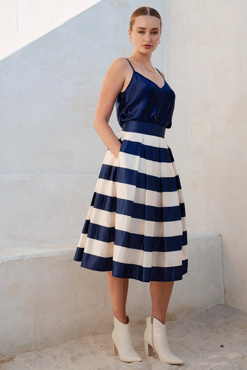 COLOR BLOCK PUFF PLEATED SLEEK MIDI SKIRT