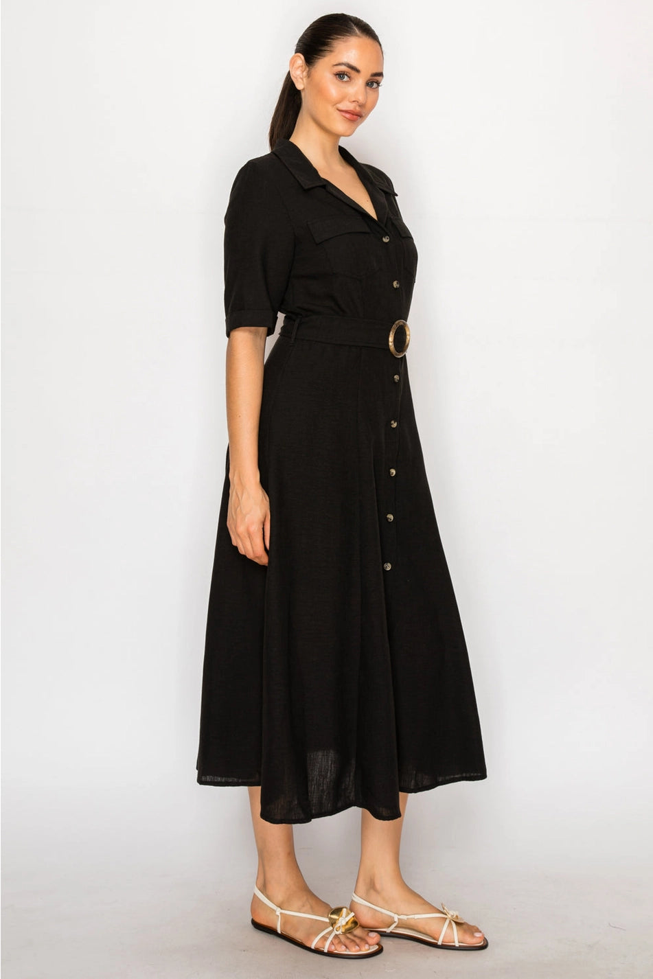 BLACK LINEN SHIRT DRESS