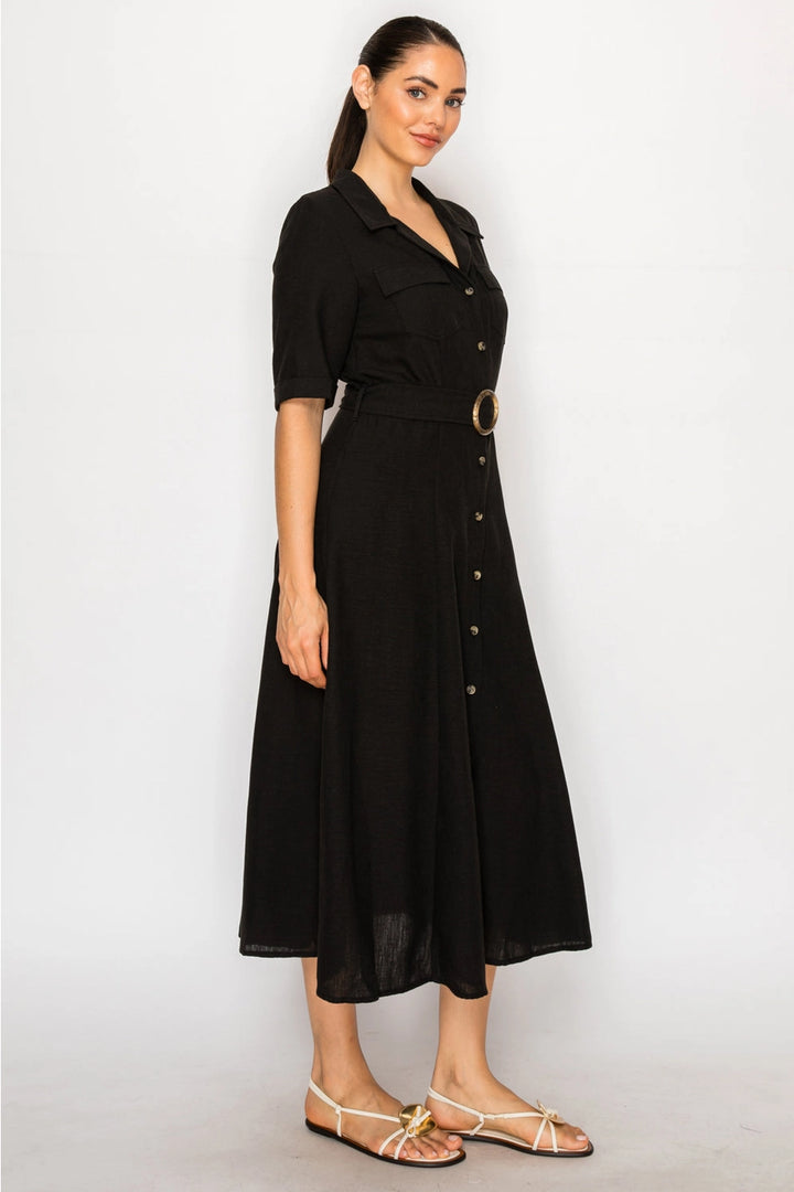 BLACK LINEN SHIRT DRESS