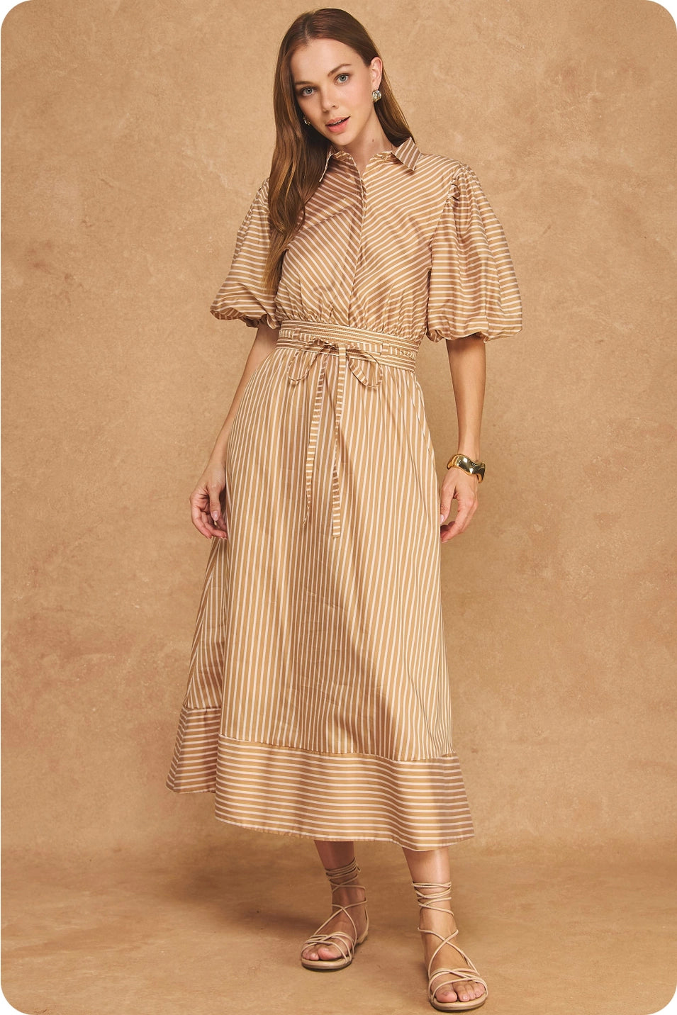 STRIPED TENCEL PUFF SLEEVE SHIRT MIDI DRESS