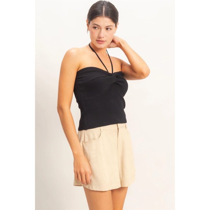 RIBBED HALTER TOP WITH TWIST