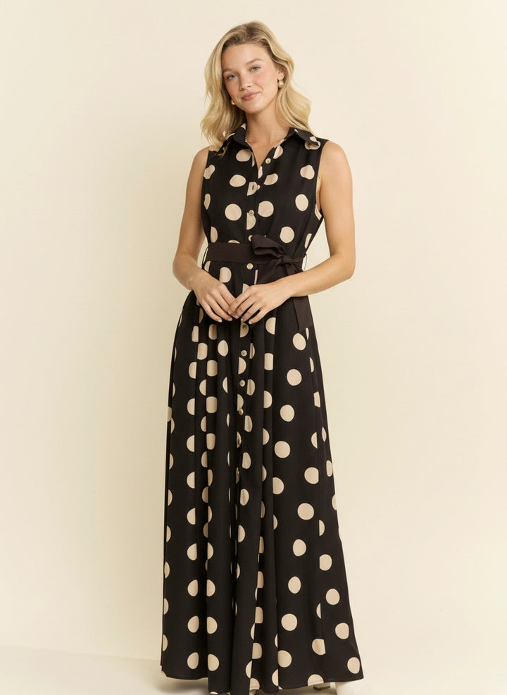 POLKA DOT BUTTON DOWN BELTED SLEEVELESS SHIRT DRESS