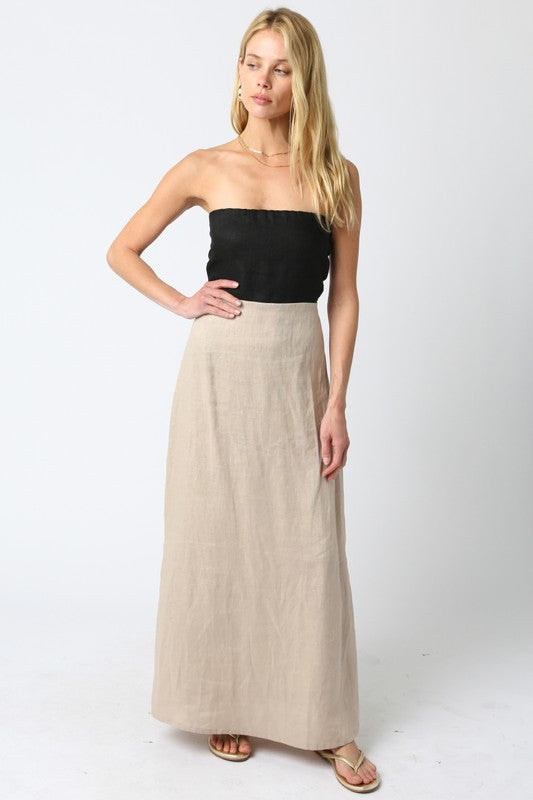 MEI CONTRAST STRAPLESS LINEN MAXI DRESS