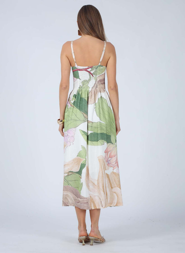 LAILA TROPICAL PRINT V-NECK MAXI DRESS