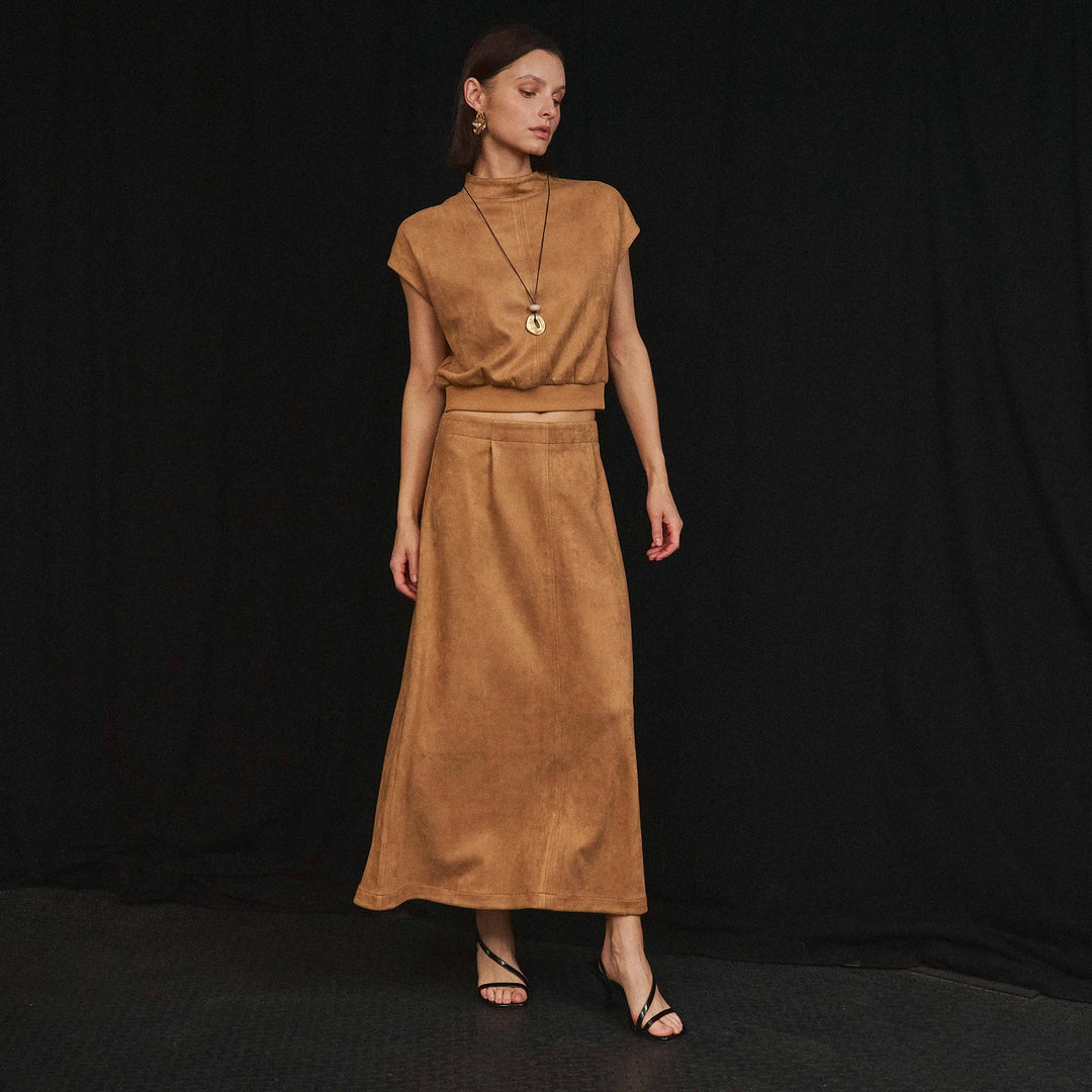 MOCK NECK STRETCH SUEDE TOP &amp; SKIRT SET