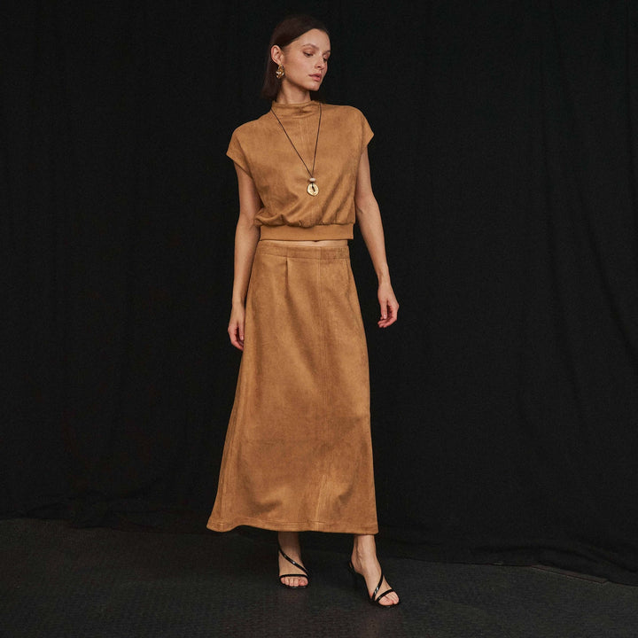 MOCK NECK STRETCH SUEDE TOP &amp; SKIRT SET