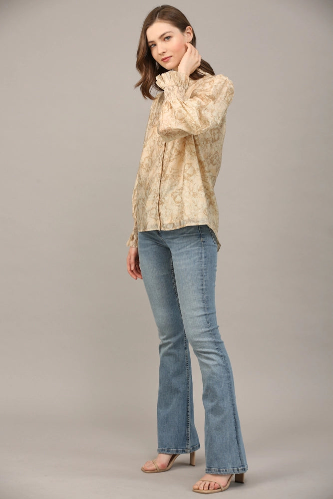 FLORAL PRINT RUFFLE NECK BLOUSE