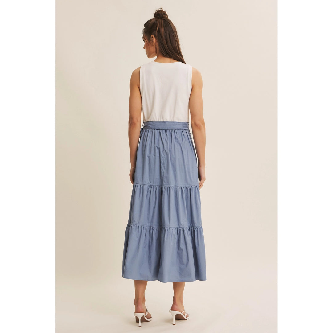 COASTAL BLUE TIERED WRAP TWOFER MIDI DRESS