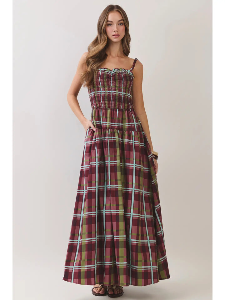PLAID SMOCKED TIERED MAXI DRESS